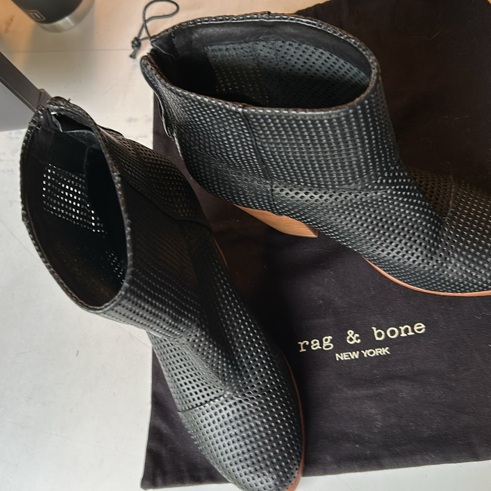 Rag & Bone Margot Black Perforated Leather Zipper Booties and Dust Bag